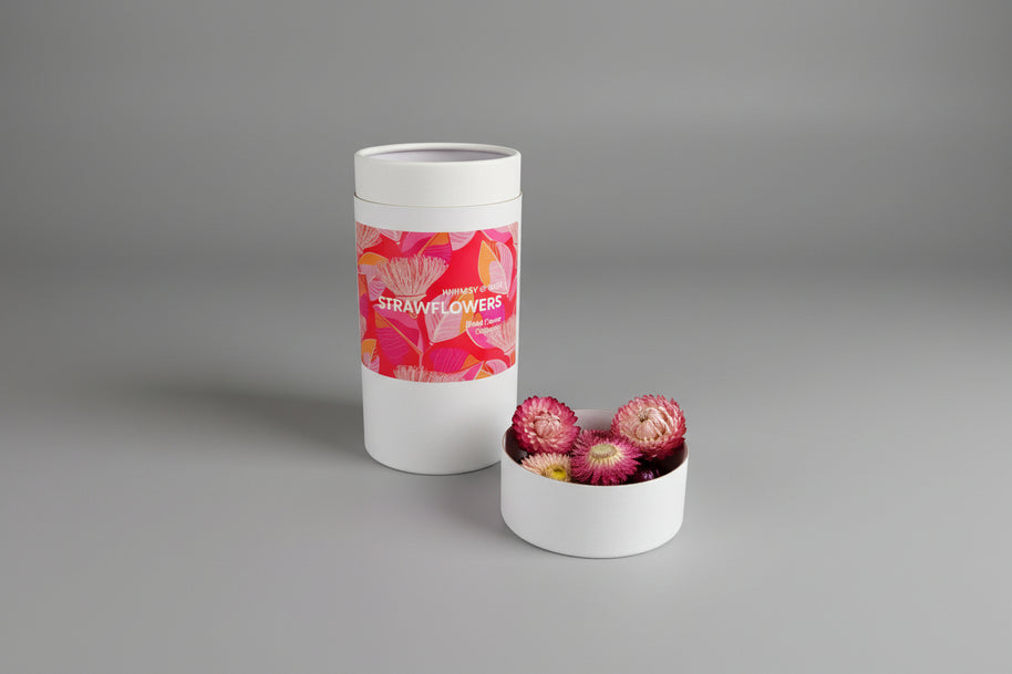 Container of strawflowers with a pink label on a white surface