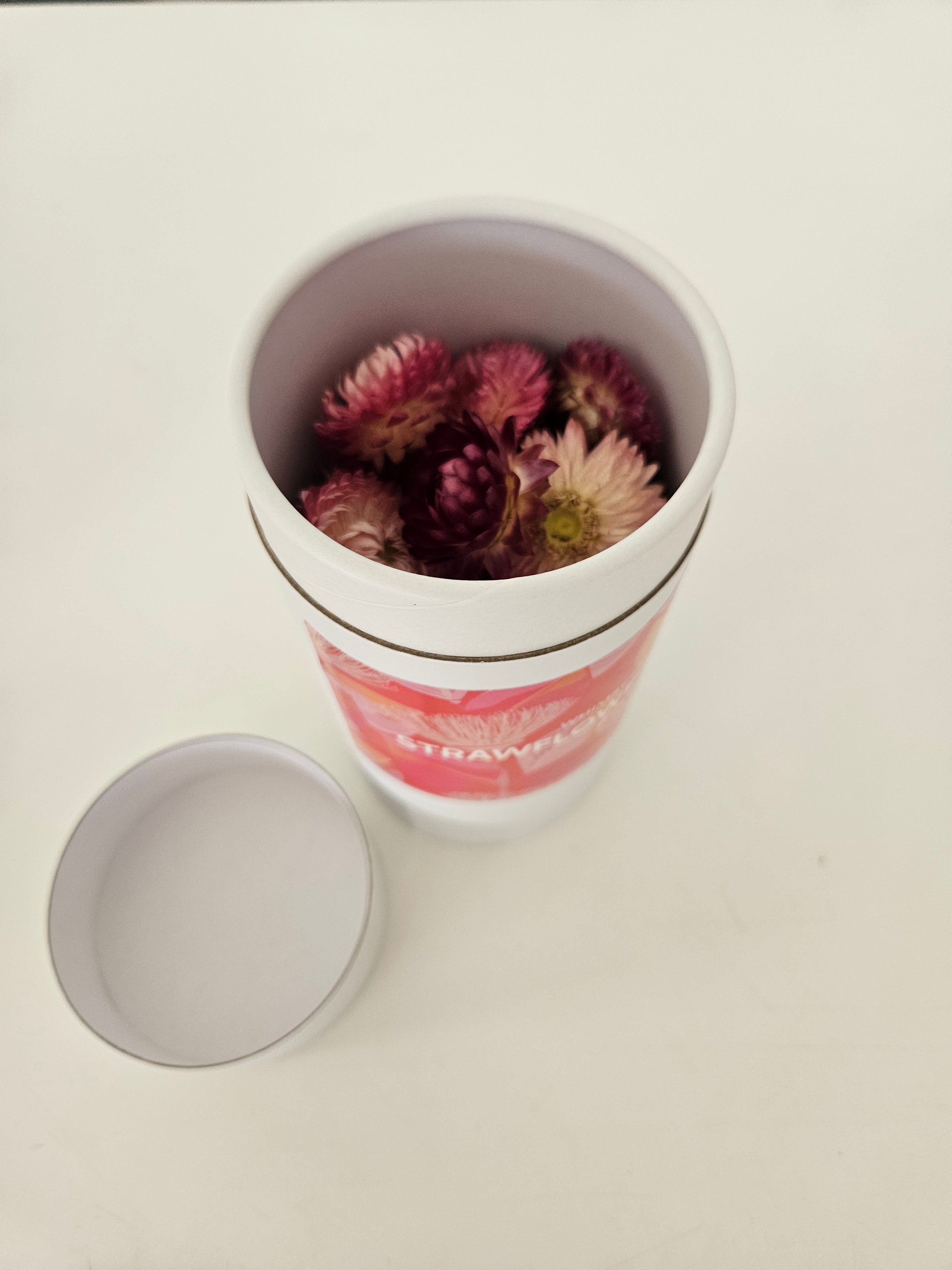 Container with dried flowers on a light background